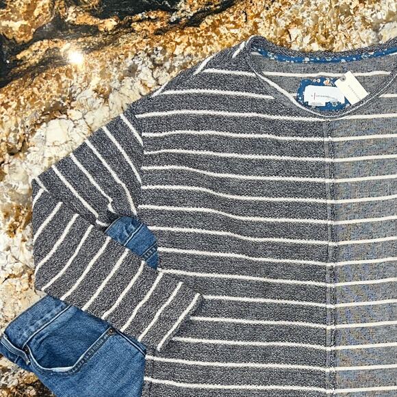 NWT Anthropologie Blue & Ivory Textured Stripe Raw Trim Sweatshirt - Picture 5 of 10
